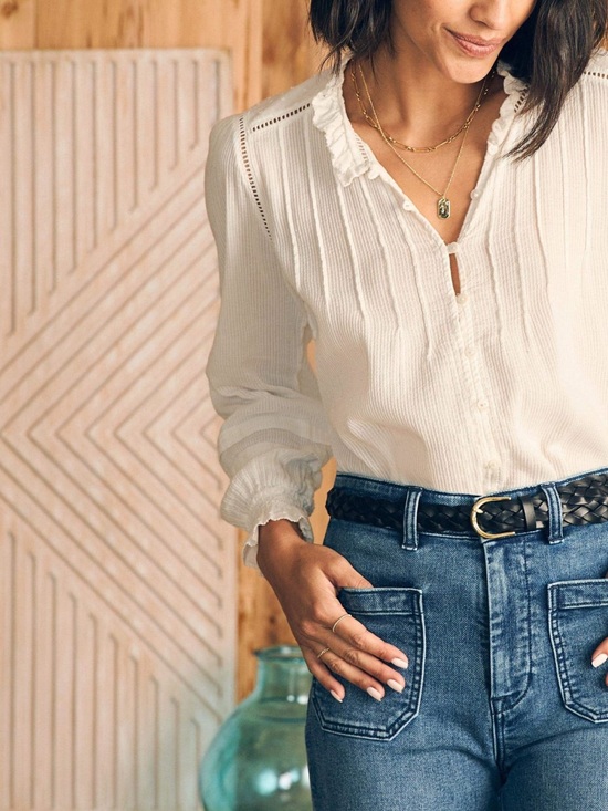 Faherty Tops - Faherty Cream Ruffled Split-Neck Blouse 100% cotton